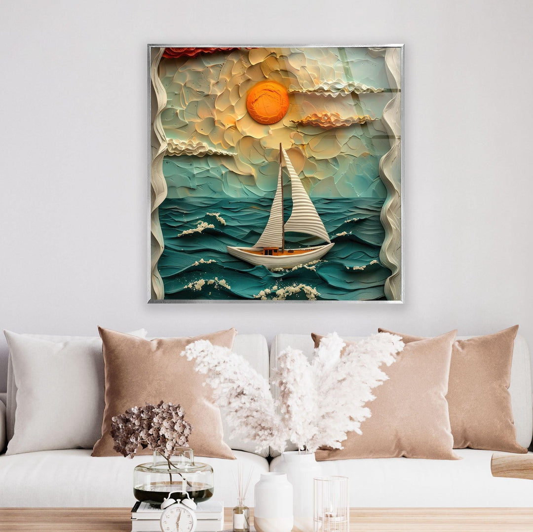 Sunset & Boat Clay Glass Wall Art custom glass pictures, glass art prints
