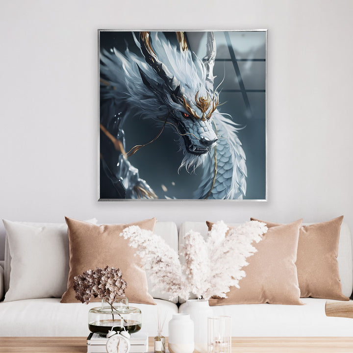 Ethereal white dragon surrounded by soft light, representing regality and grace.
