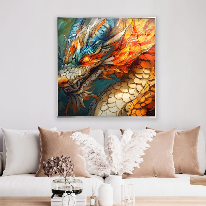 Epic dragon with vibrant fiery colors and intense energy surrounding its form.
