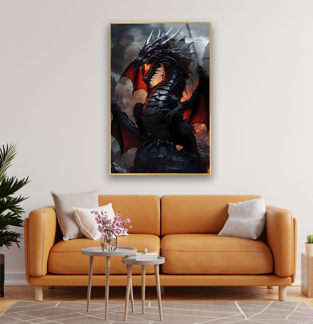 Fierce dragon artwork with glowing red eyes and fire erupting from its mouth.
