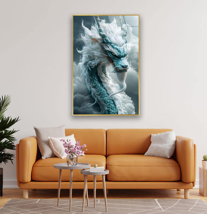 Fierce dragon artwork surrounded by dark storm clouds and lightning.
