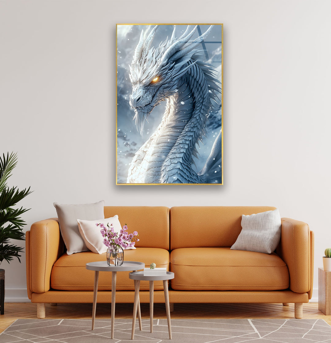 Epic fantasy dragon portrait with a mystical winter backdrop.
