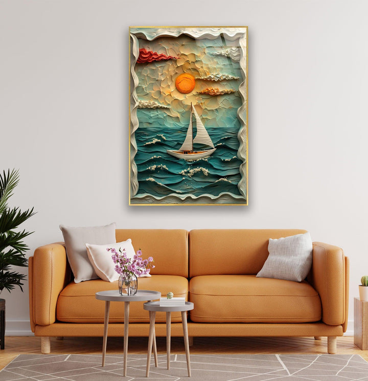 Sunset & Boat Clay Glass Wall Art glass pictures for Wall, glass prints wall art
