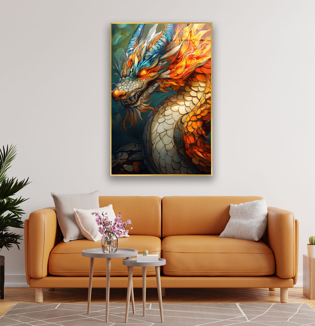 Mythical dragon with fiery scales and glowing eyes, radiating heat and power.
