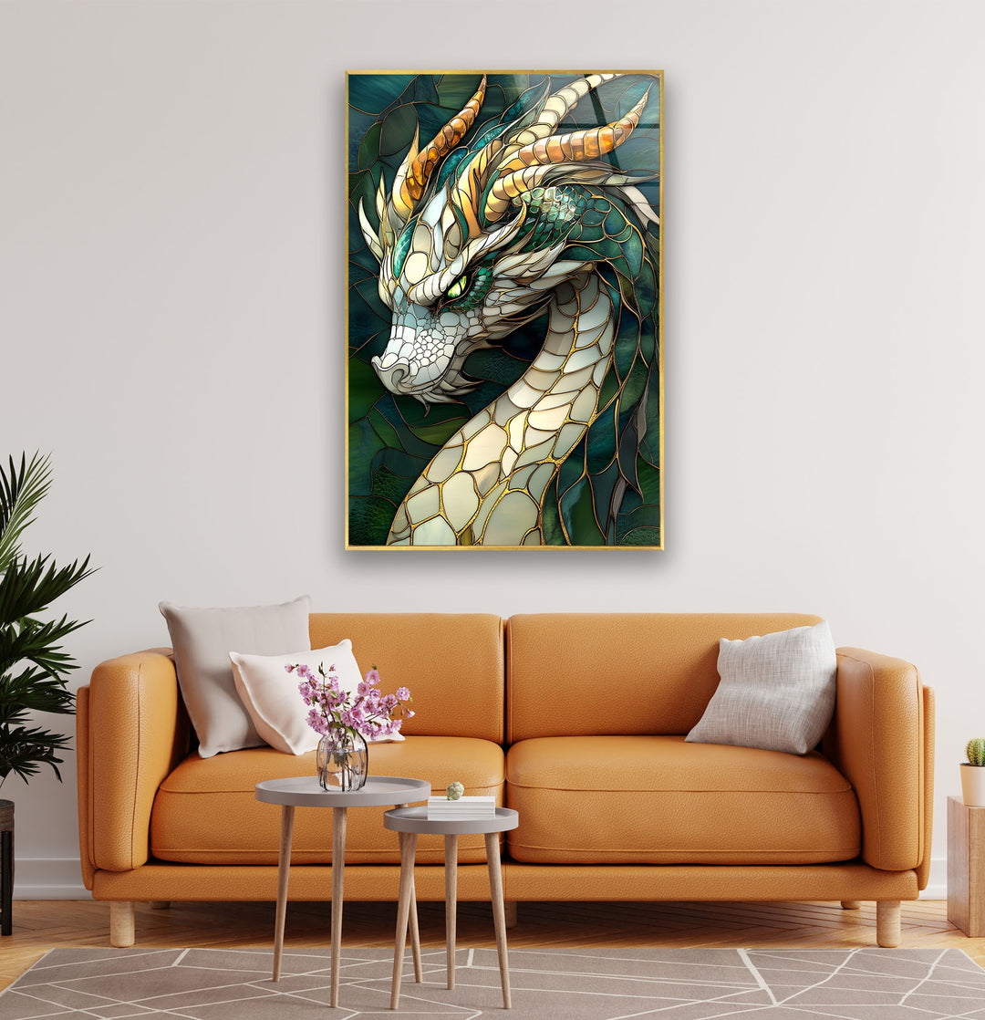 Beautiful stained glass wall art featuring a mythical dragon with a vibrant color palette.
