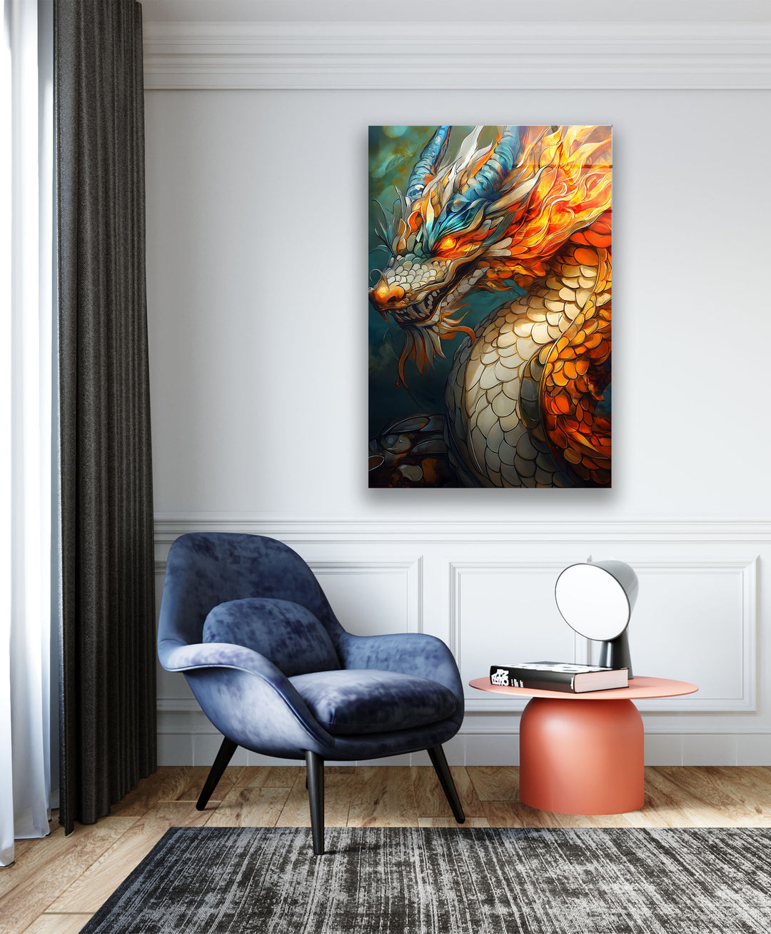 Vivid orange and red dragon with fiery features, captured in stunning detail.
