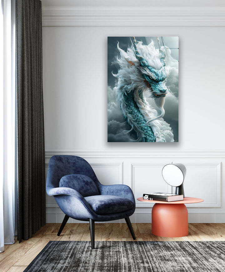 Powerful mythical dragon with stunning blue and white scales in a storm.
