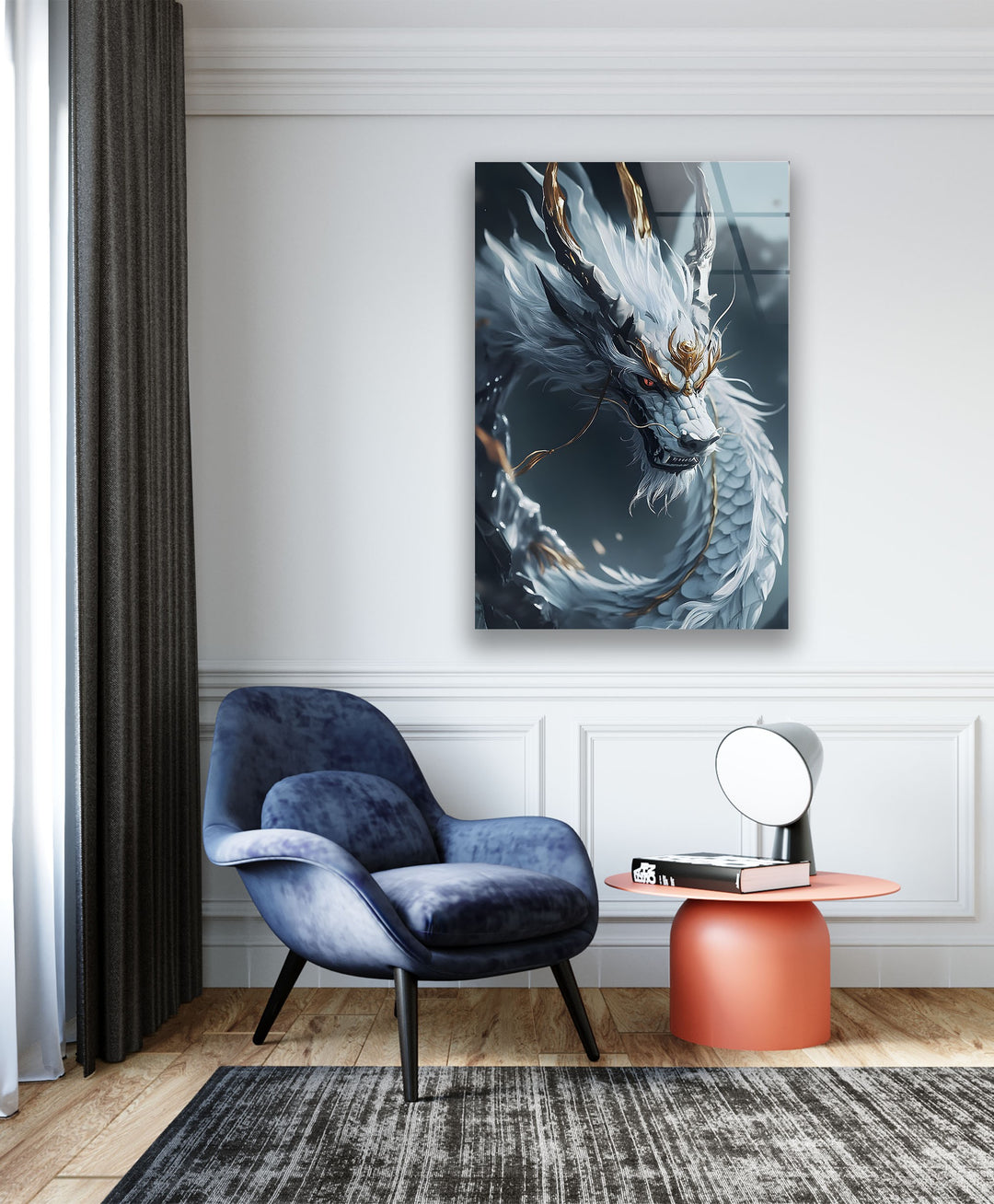 Majestic white dragon artwork with intricate details and soft glowing features.
