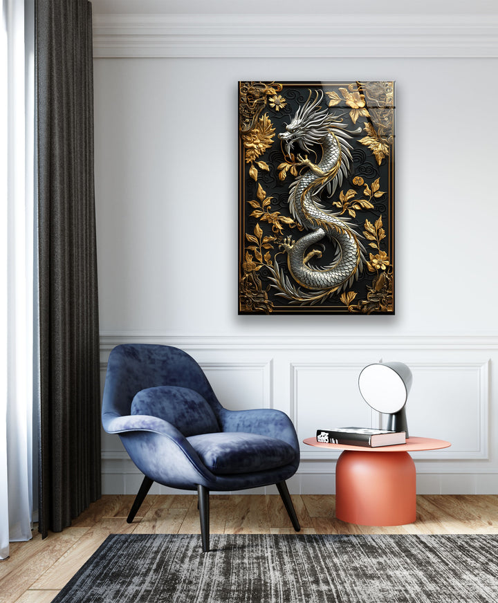 Intricately designed dragon wall decor with a blend of gold and black tones.
