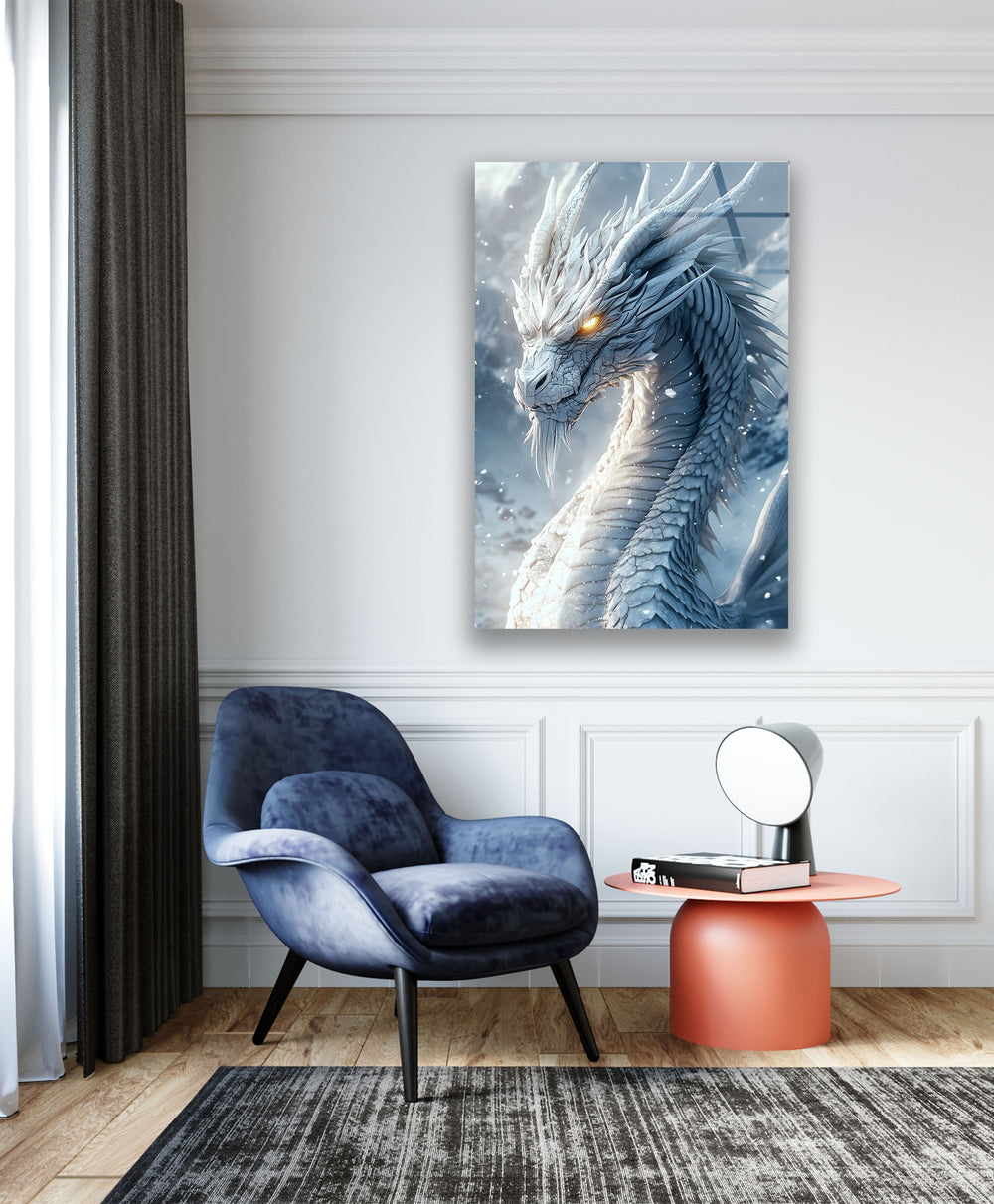 Powerful white dragon artwork featuring intricate scales and icy details.
