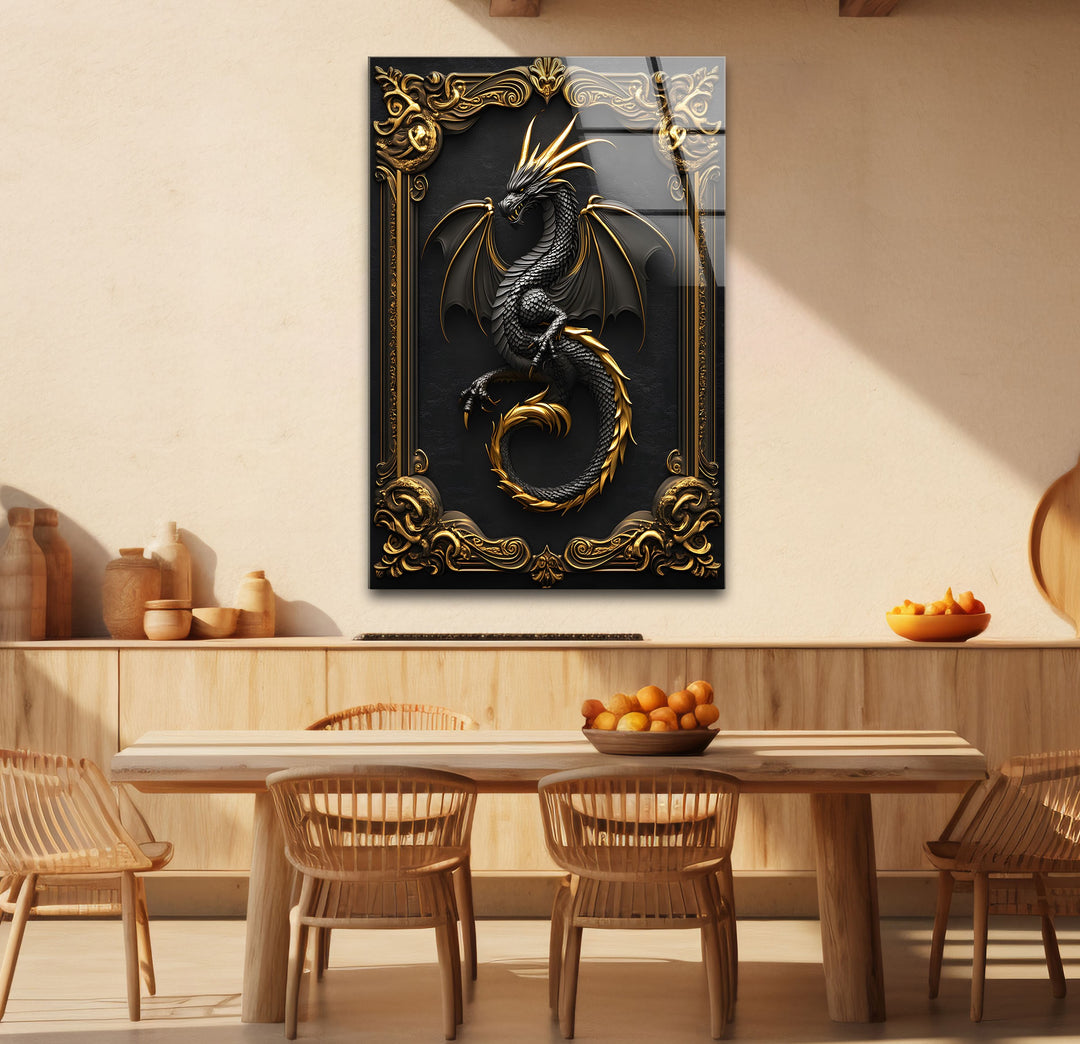 A fierce black and gold dragon, intricately designed to elevate your space with a touch of fantasy and elegance.
