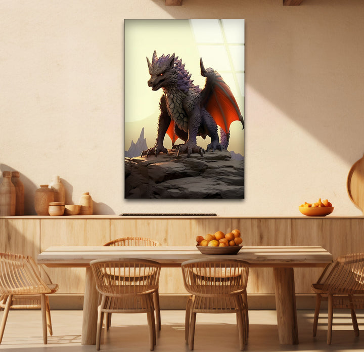 An imposing purple dragon standing boldly, ready to conquer, captured in detailed glass wall art.
