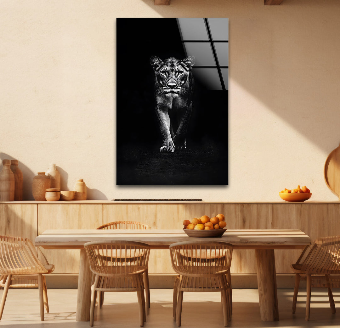 Powerful Lion: Bold Black and White Art on Glass Wall
