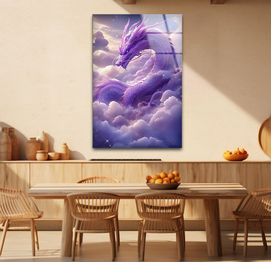 Purple Dragon: A fantastical dragon flying through the clouds, creating an enchanting atmosphere.
