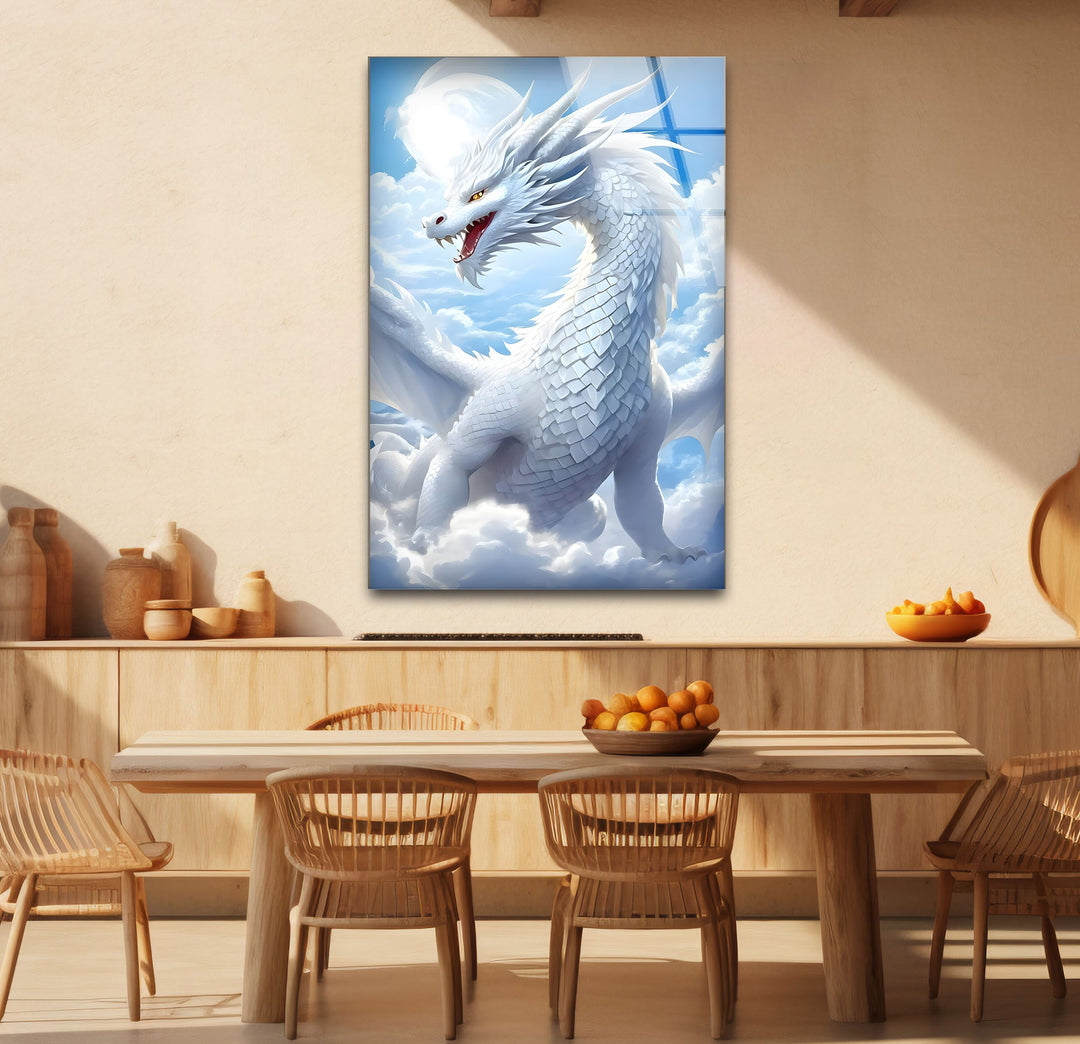 White Dragon: A powerful dragon flying high in the clouds.
