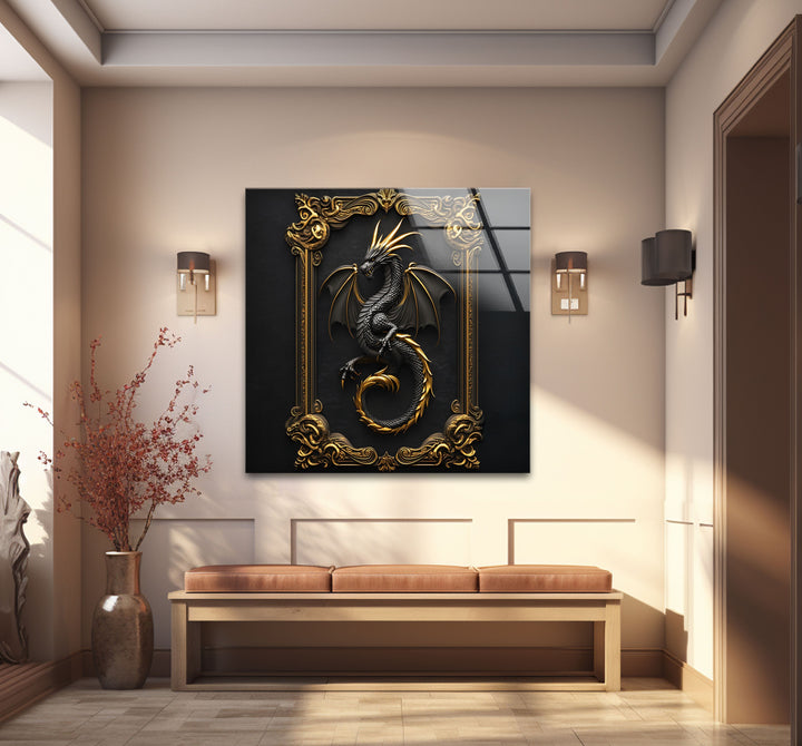 A stunning black and gold dragon artwork, combining strength and beauty in a perfect glass wall piece.
