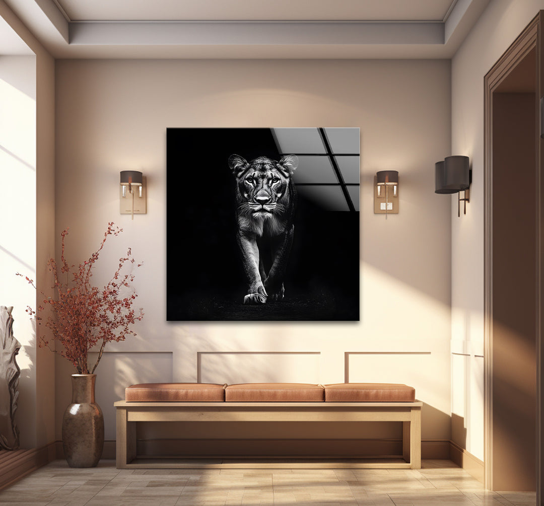 Wild Majesty: Fierce Lion Portrait on Glass Wall Art
