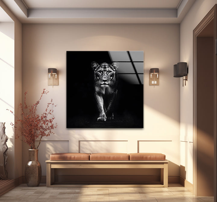 Wild Majesty: Fierce Lion Portrait on Glass Wall Art
