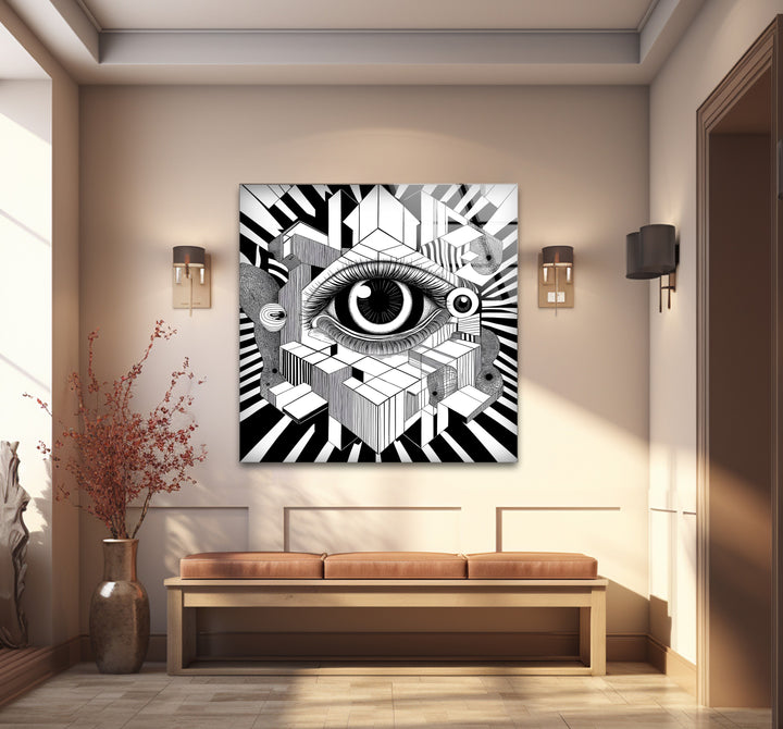 Unique black and white wall decor showcasing a surrealist eye in a bold and imaginative composition
