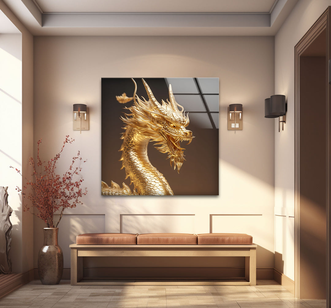 Let the majesty of this golden dragon artwork command attention in your home with vivid colors on high-quality glass.
