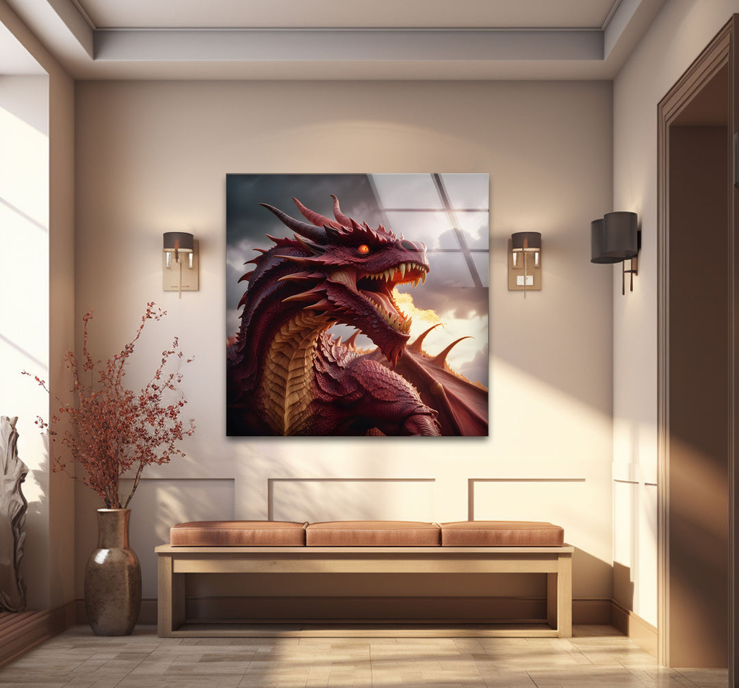 A red dragon roaring with power, beautifully captured in vivid detail on premium glass wall art.
