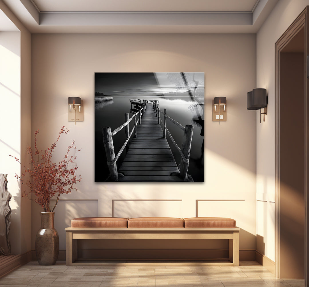 Modern black and white abstract art of a dock emphasizing simplicity and elegance
