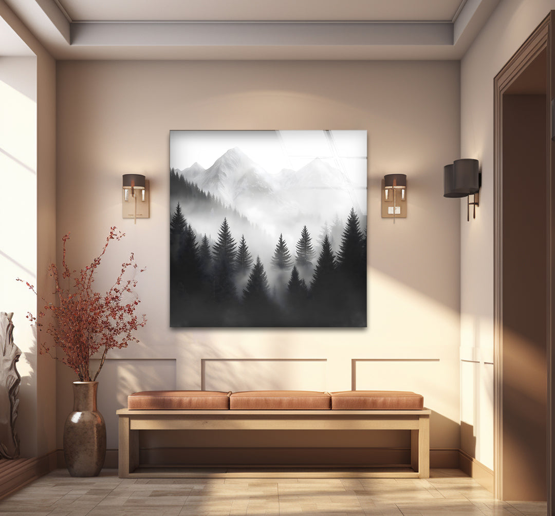 Bold black and white framed art of misty mountains blending natural elegance with artistic creativity
