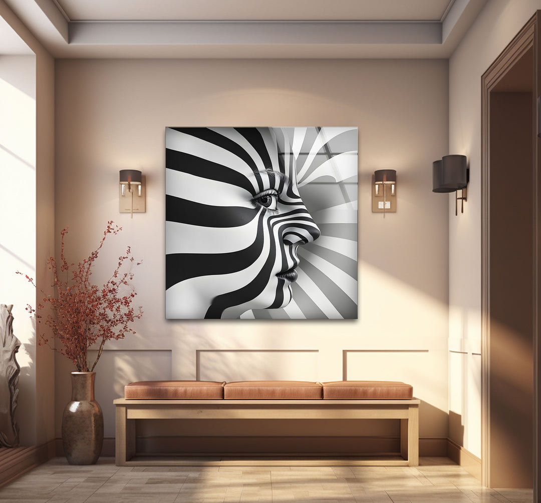 Modern black and white wall decor with a detailed portrait of a woman in abstract form.