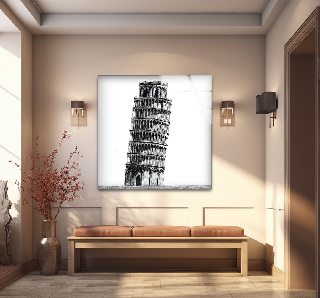 Refined black and white abstract drawings featuring the Leaning Tower of Pisa in a creative composition.