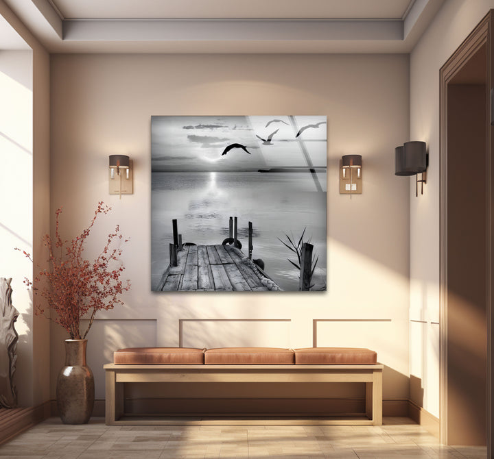 Timeless black and white wall decor of a peaceful dock scene, perfect for modern interiors.