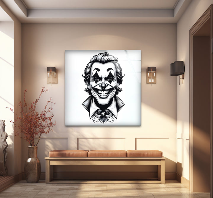 Modern black and white paintings of the Joker, emphasizing high-contrast tones and intricate details.