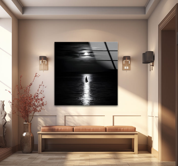 Bold black and white framed art of a moonlit horizon, combining artistic detail with serene charm.