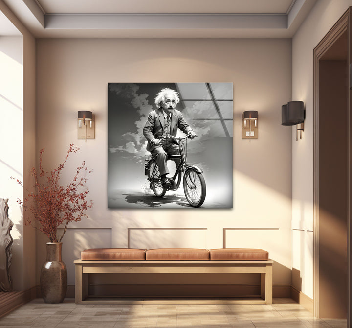 Stylish black and white paintings of Albert Einstein on a bicycle, blending humor with artistic sophistication.