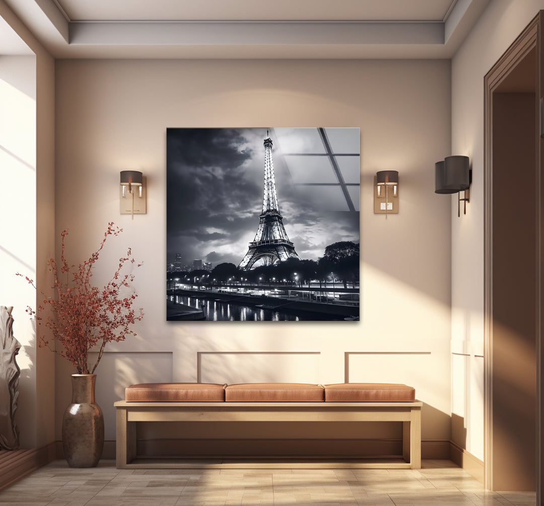 Bold black and white framed art of the Eiffel Tower blending historic elegance with modern artistry
