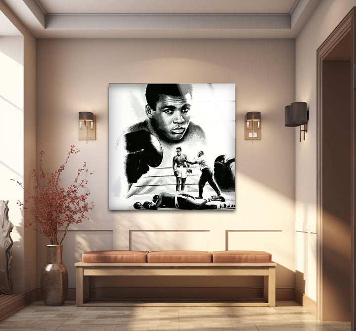 Modern black and white paintings of Muhammad Ali, combining realism with artistic abstraction.