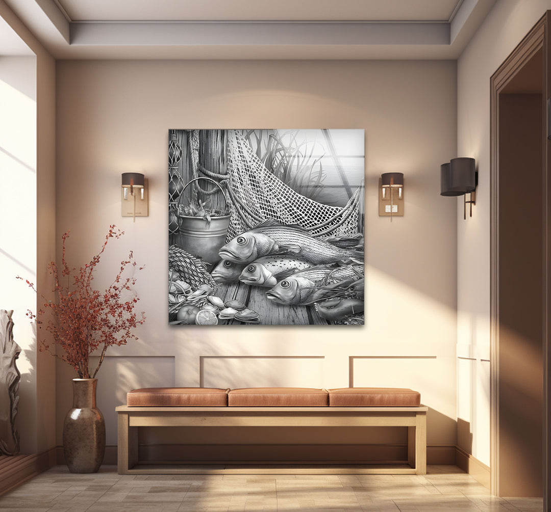 Unique black and white framed art showcasing the beauty of abstract fish patterns.