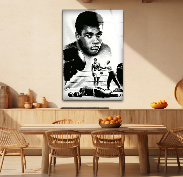 Captivating black and white abstract art of Muhammad Ali, celebrating his iconic legacy with creative flair.