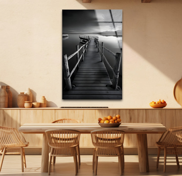 Bold black and white framed art of a dock landscape combining natural beauty with artistic flair
