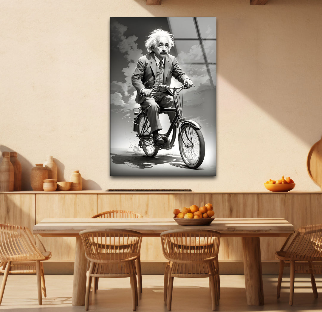 Bold black and white framed art of Albert Einstein cycling, combining intellect with lighthearted energy.