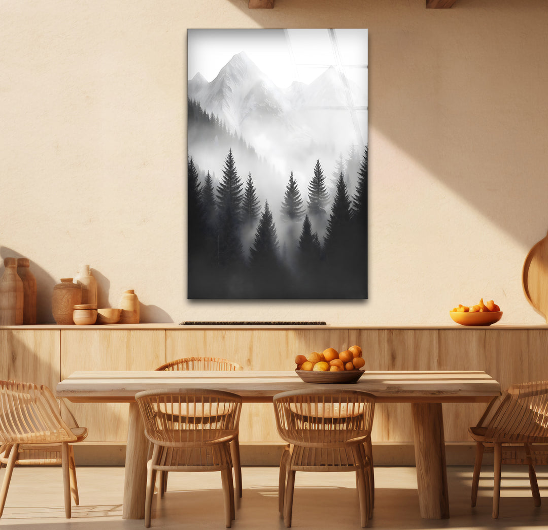 Unique black and white wall decor showcasing a dramatic view of misty mountains in high contrast
