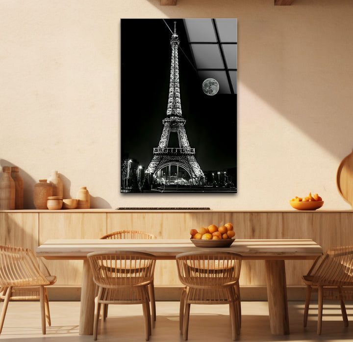 Chic black and white abstract art of the Eiffel Tower, combining geometric patterns with classic allure.