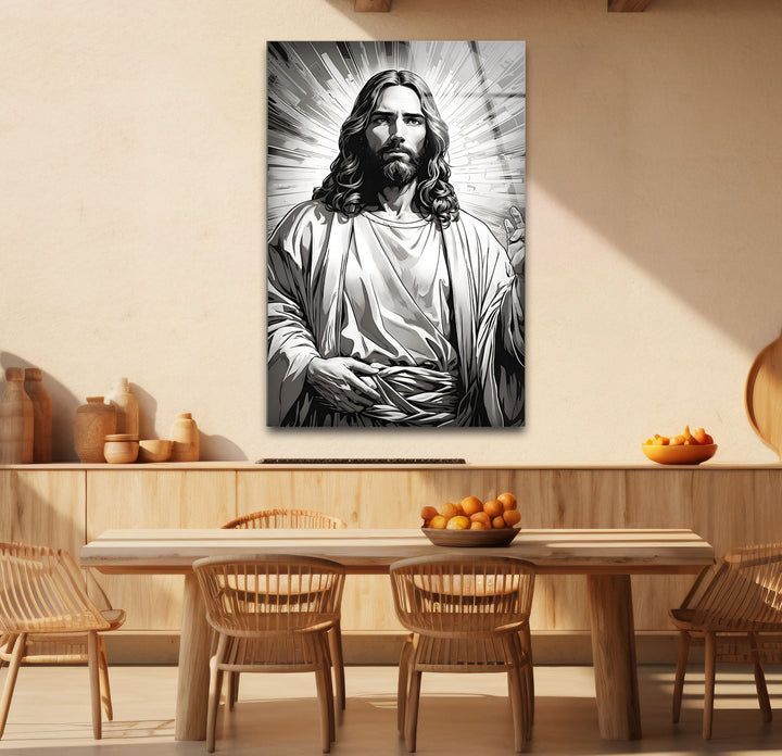 Captivating black and white abstract art of Jesus Christ, blending faith and creativity in a striking design.