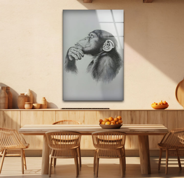 Refined black and white framed art portraying a thoughtful monkey in detailed linework.