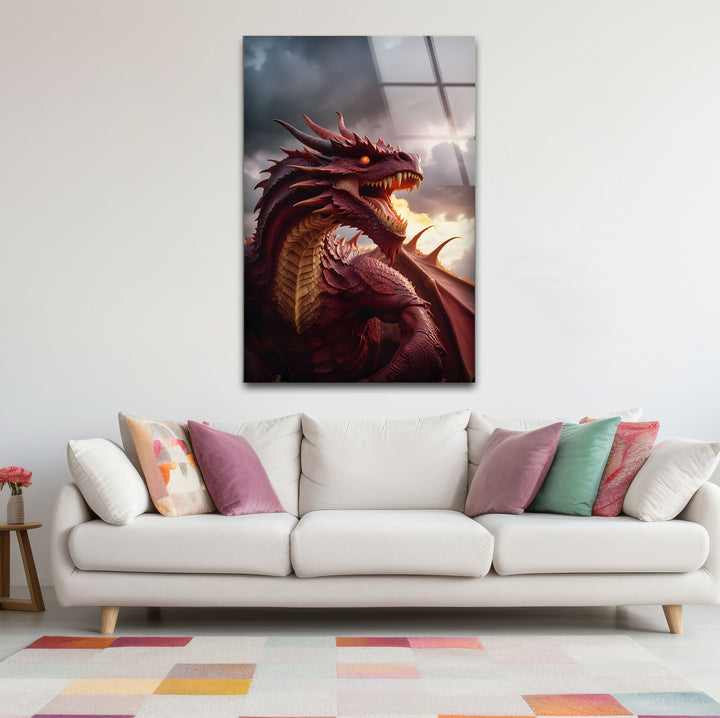 A red dragon with glowing eyes and fiery breath, designed to elevate any fantasy lover's space.
