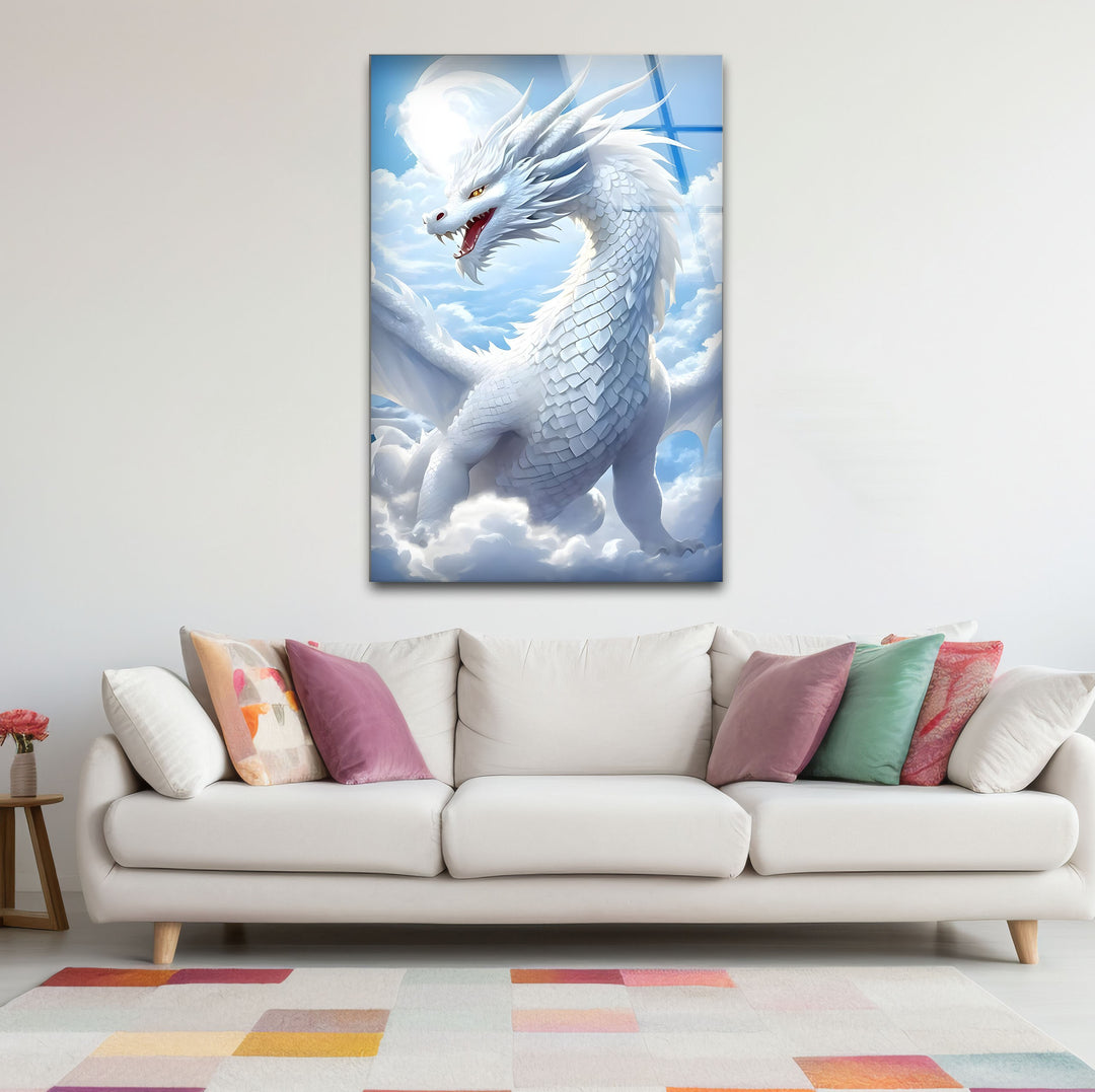 White Dragon: A dreamy dragon soaring above, perfect for home decor.
