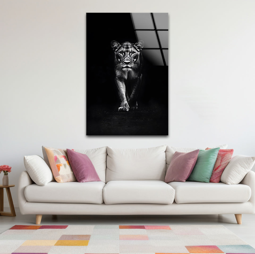 Fearless Lion: Captivating Black and White Glass Wall Art
