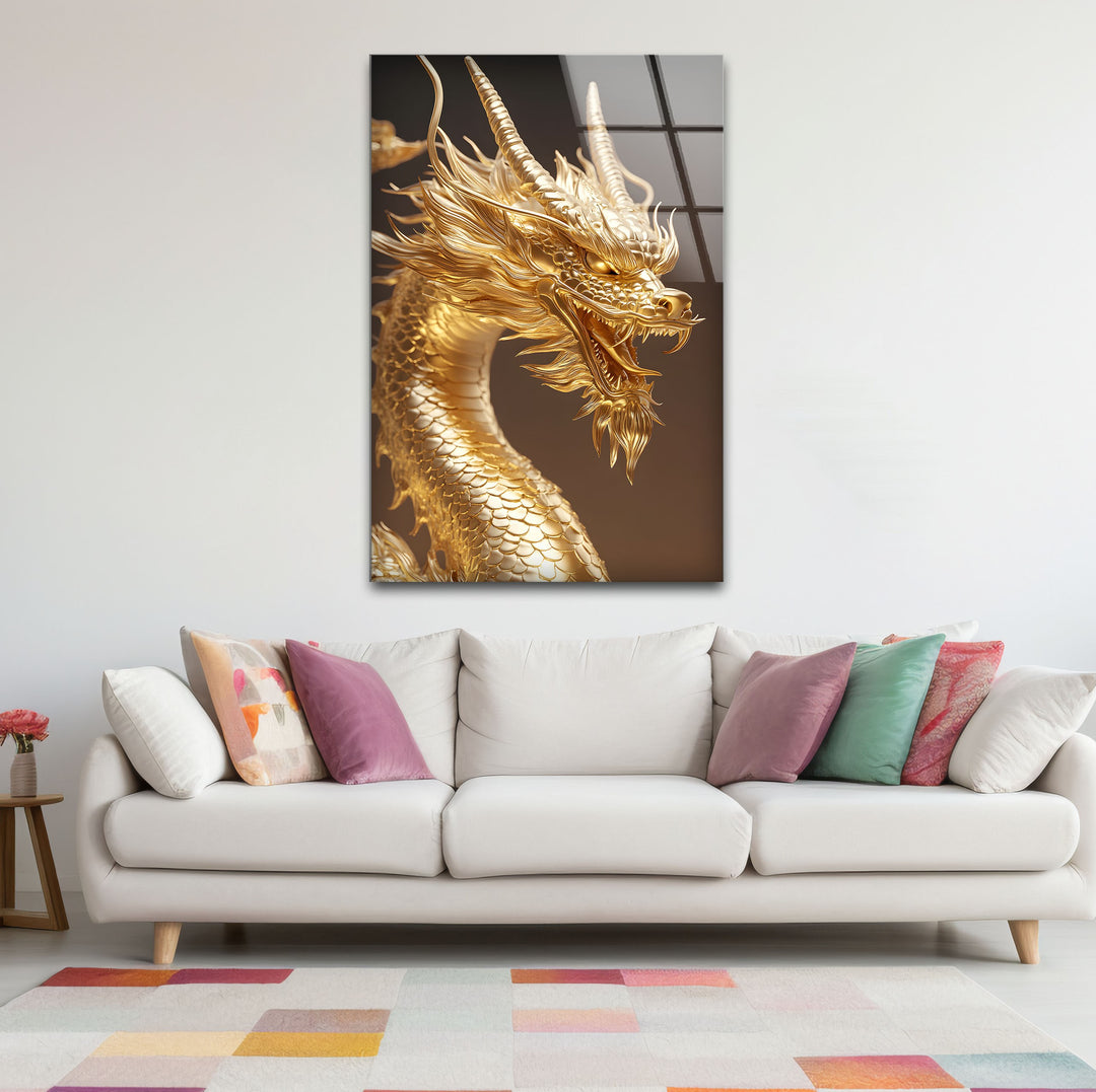 Unleash the power of a golden dragon in your home with this striking glass wall art, designed to captivate.
