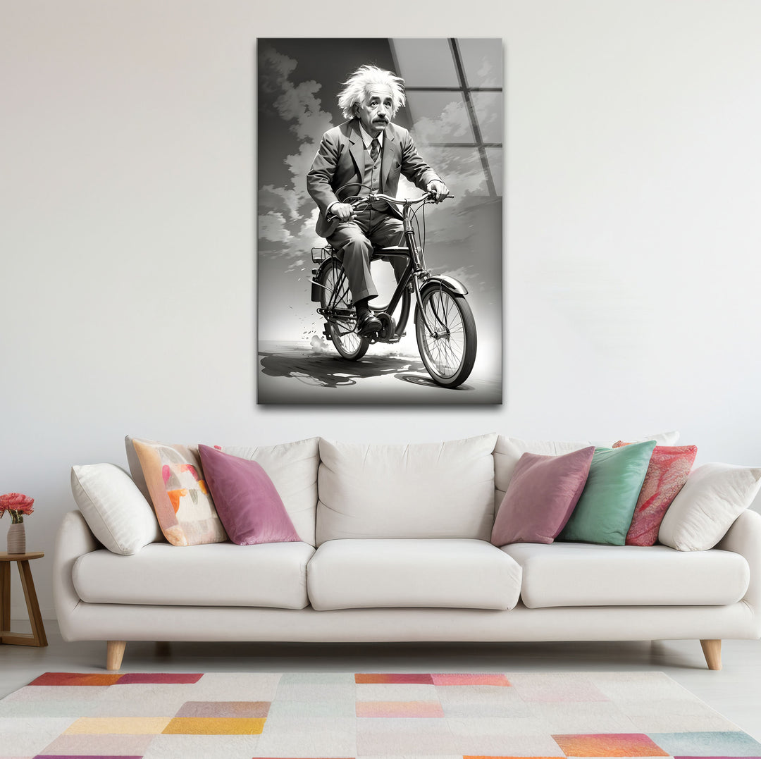 Refined black and white wall decor showcasing a fun and artistic portrayal of Einstein riding a bicycle.