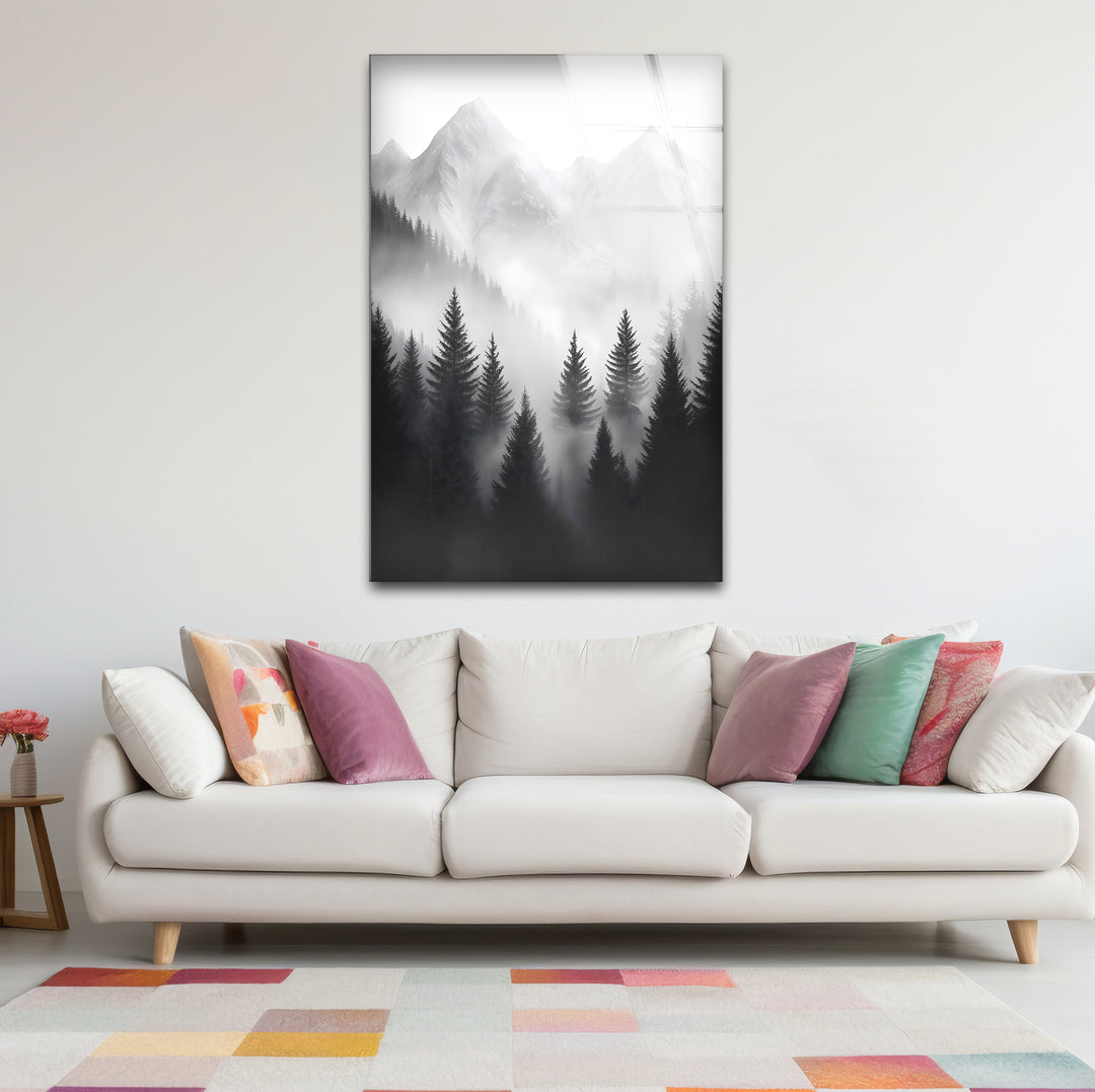 Chic black and white wall art of misty mountains ideal for enhancing modern interiors with natural beauty
