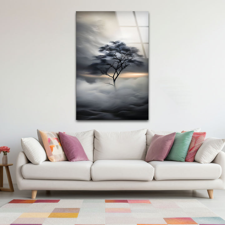 Unique black and white wall decor featuring a lonely tree in a dramatic and artistic composition.